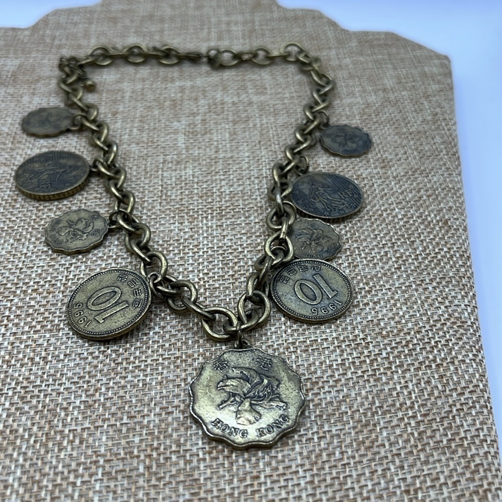 Coin Necklace by Vicky Jousan Antiqued Gold Tone Hong Kong Assorted Coins
Large